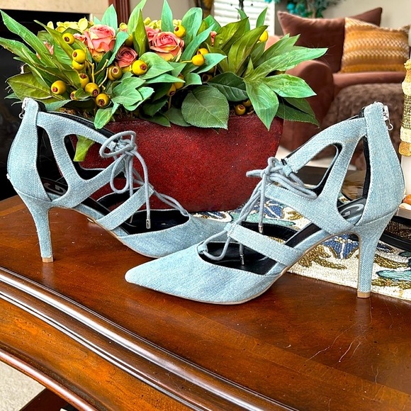 G By Guess Blue Denim Jean Lace Up Heels Y2K Strappy Back Zipper Closure - Picture 7 of 14